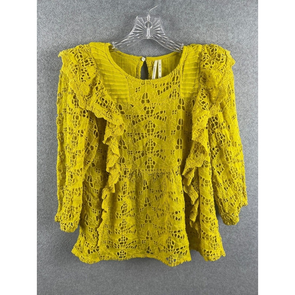 Anthropologie Clementine Blouse Women's 2 Yellow Long Sleeve Ruffles Lace Career